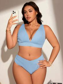 Swim Lushoire Plus Size Simple Textured Fabric Solid Color Bikini Swimwear Set, Suitable For Beach For Summer Beach Vacation - Blue - View 2