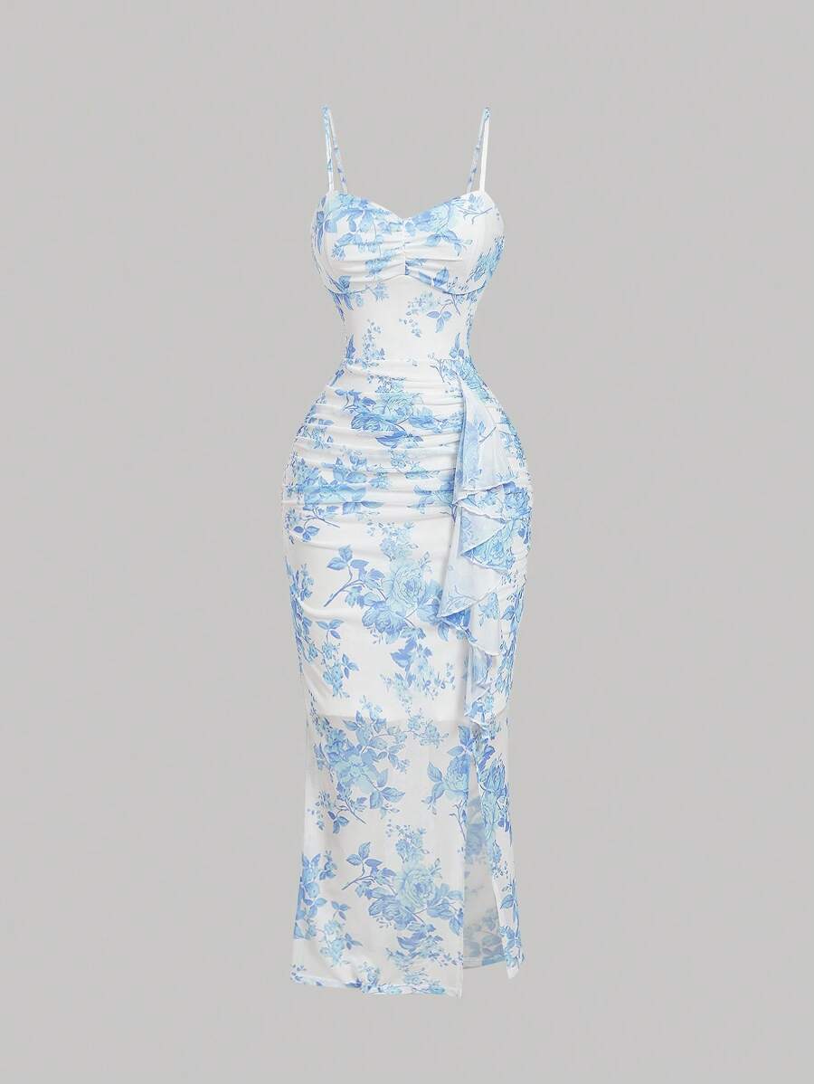 SHEIN MOD 女士复古花卉印花褶皱开衩中长连衣裙、蓝色女装、仙女裙、礼服、新年前夜、新年、新年派对礼服、节日礼服、新年女装、派对女装 - 藍色 - 查看 1