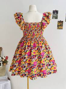 Soleia Plus Size V-Neck Gathered Waist A-Line Mini Dress With Overlapped Front & Flutter Sleeves, Floral Print Vacation Style