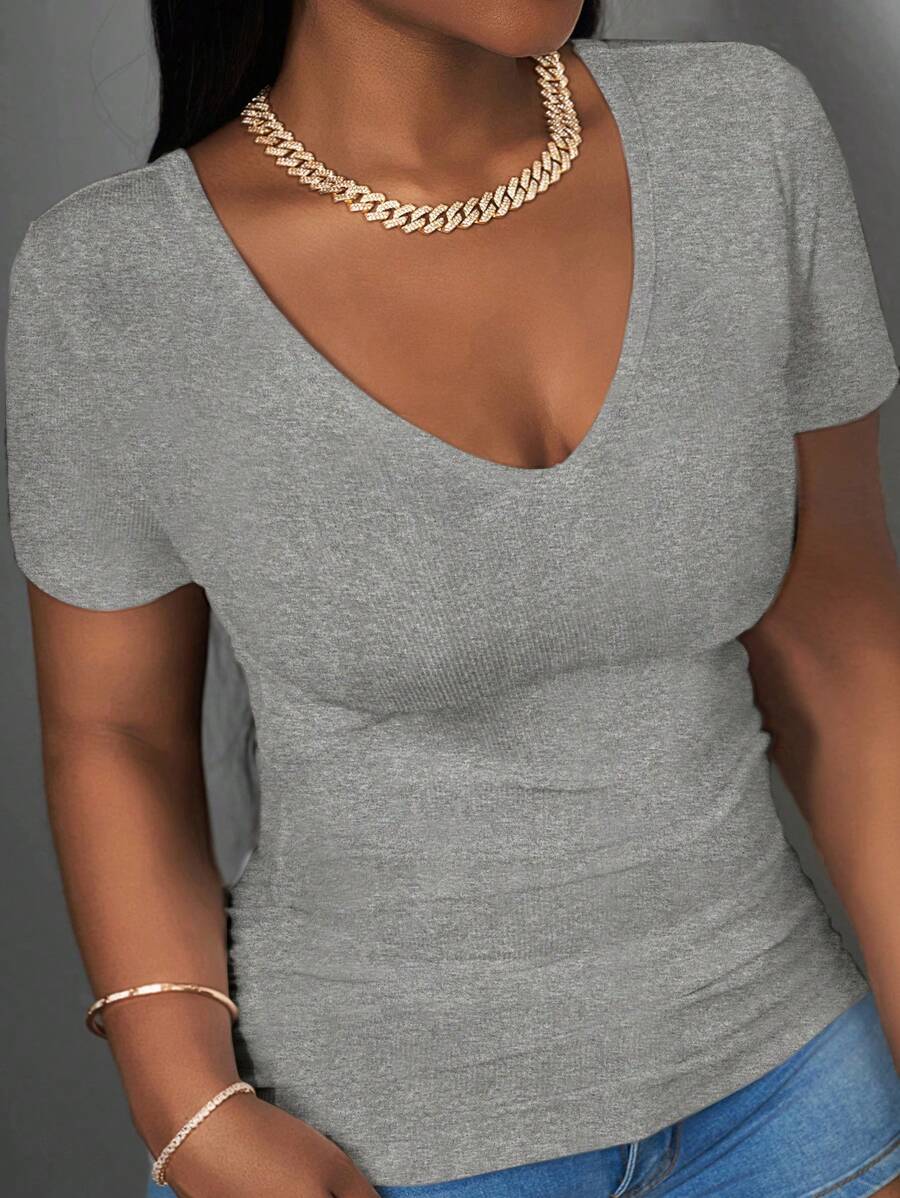 Slaydiva Women's Casual Sleeveless V-Neck Ribbed Tank Top, Basic White - Grey - View 1