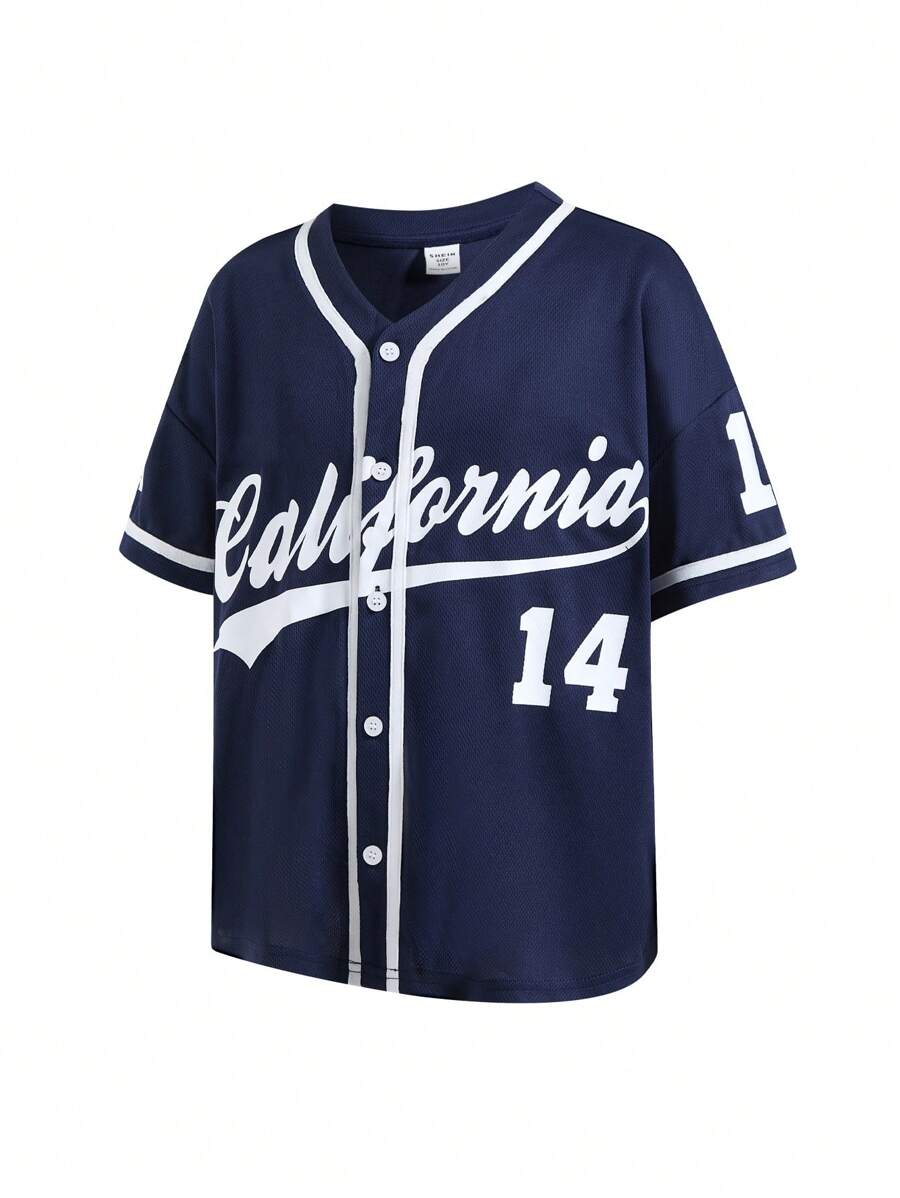 Tween Boys Letter Print Color Block Sporty Casual Shirt, Soft & Comfortable, Versatile For Daily Wear, Outdoor Activities, School, Streetwear, Party And Home Leisure, Spring/Summer - Navy Blue - View 1