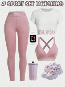 Sovereign Charm Women's Round Neck Short Sleeve Letter Print Simple Top And Pants Casual Versatile Sports Suit Workout Women Setwomen Workout Set Women Leggings Set Gym Women Outfit