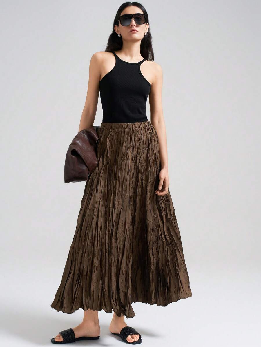 Ontre 2026春夏女士纯色半身裙，春夏时尚，适合商务休闲、办公室穿着，低调复古风，高品质都市通勤机场时尚，高端面料棕色百褶裙，舒适百搭休闲女裙 - 棕色 - 查看 1