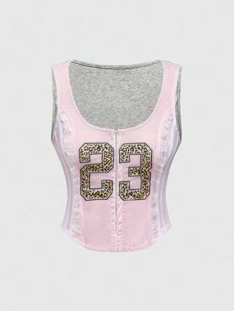 ROMWE Avant Chaleco deportivo con jersey numérico, estampado de leopardo y contraste de encaje rosa del estilo Y2K