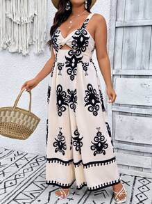 SHEIN VCAY Damen Große Größen Jumpsuit mit Blume Muster und Twist Design ohne Ärmel