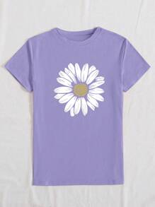 INAWLY Floral Print Short Sleeve Casual T-Shirt, Women Round Neck Pullover Flower Pattern Top Graphic Tees Women Tops