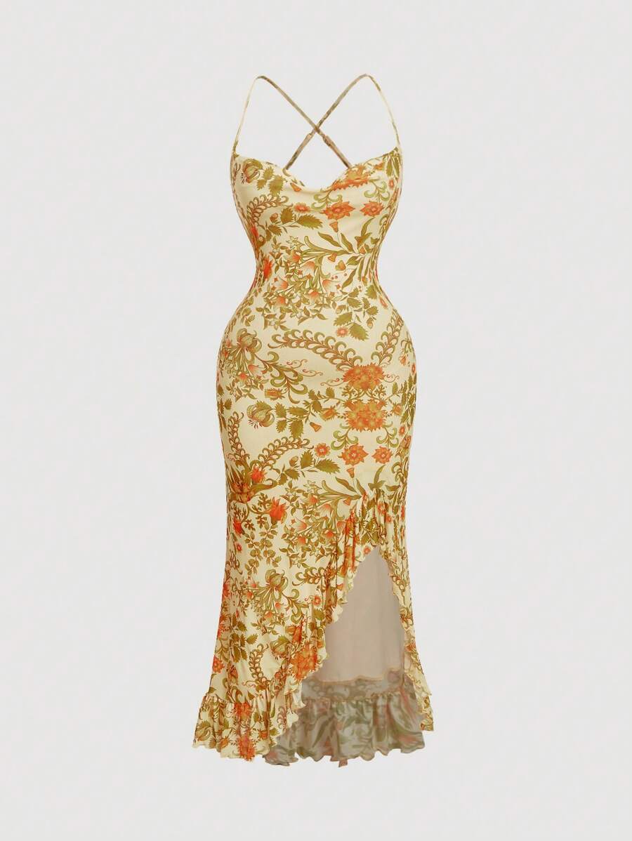 SHEIN MOD 复古优雅黄色调油画图案印花 V 领开衩荷叶边下摆大码连衣裙 - 彩色 - 查看 1