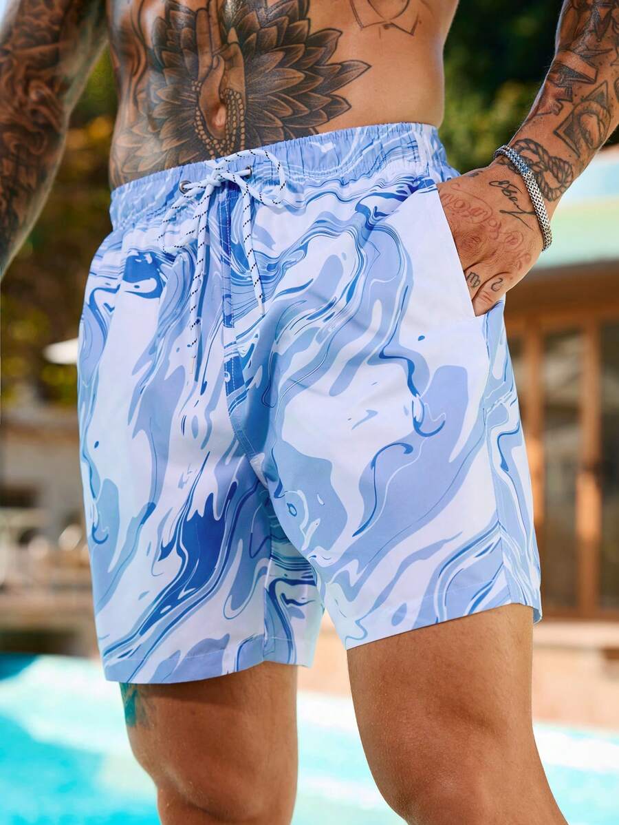 Surfspeed Plus Size Men's Marble Print Drawstring Waist Pockets Beach Shorts,Hawaiian - Multicolor - View 1