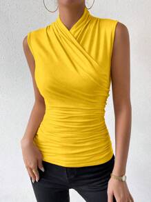 Chiquease Solid Color Cross-Wrap Ruched Elegant Sleeveless Tank Top, Summer - Yellow - View 6