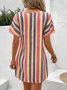 EMERY ROSE 女士夏季休闲条纹 V 领短袖迷你连衣裙