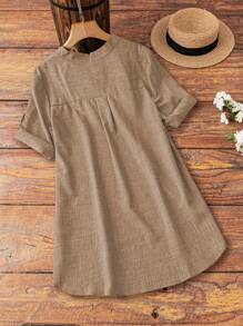 EMERY ROSE Plus Size Summer Casual Button Decor Asymmetric Hem Collared Shirt - Khaki - View 2