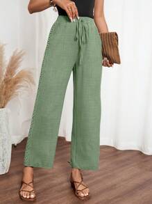 EMERY ROSE Women's Solid Color Linen Blend Side Ruffle Hem Pants - Green - View 3