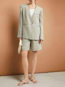 Ontre Plain Button Pocket Thin Long Sleeve Blazer Jacket, Suitable For Daily Commute - Grey - View 4