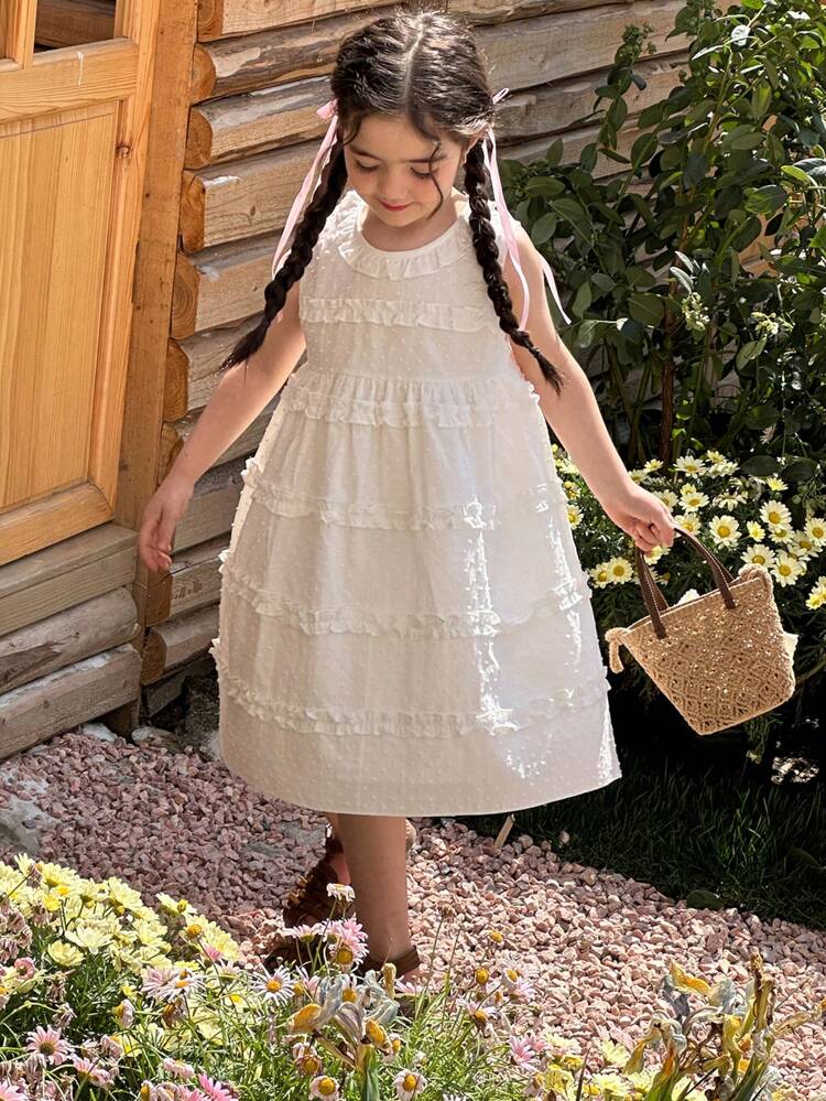 Young Girl Summer Casual Solid Color Frill Trim Dress