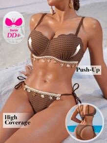 Swim DD+ DD Series Women's Solid Color Shell Shaped Cup Underwire Push Up Shell Decor Side Tie Two Pieces Bikini Set For Summer Beach Vacation - Coffee Brown - View 3