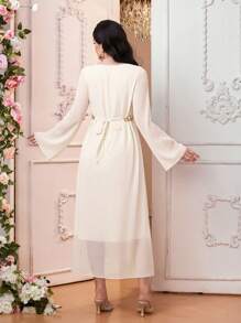 SHEIN Women Solid Color Beaded Embroidery Square Neck Maternity Arabic Style Dress - White - View 2