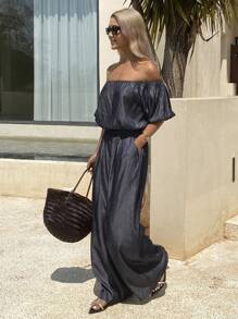 DAZY 2 件女式牛仔套装：露肩短袖上衣和直筒裤