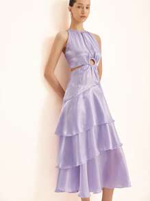 Femmeiva Women Elegant Purple Summer Mesh Dress,French Style Chic Sleeveless High Neck Hollow-Out Cinched Waist Multilayered Ruffled Hem Old Money Day Party - Mauve Purple - View 4