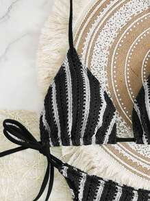 Swim Mod 3 件波西米亚钩编面料抽绳泳衣罩衫比基尼套装 - 黑色 - 查看 4