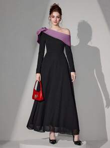 Poshira Váy dạ hội thanh lịch cổ dài tay màu tương phản, váy dự tiệc, váy dạ hội - Màu tím - Xem 1