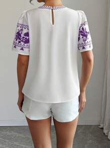 SHEIN LUNE 女士休闲花卉印花圆领短袖夏季衬衫 - 彩色 - 查看 2