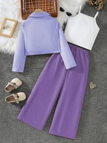 2 件套青少年女孩套装：短款西装外套和宽腿褶皱裤 - 紫色 - 查看 2