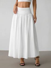 SHEIN PETITE Váy dài nữ màu trơn co giãn cạp cao, mùa đông, váy dài, váy mùa thu, váy đi chơi, váy mùa thu cho nữ, váy dạ hội, váy trắng, váy tốt nghiệp cho nữ, váy đi làm thường ngày - trắng - Xem 4