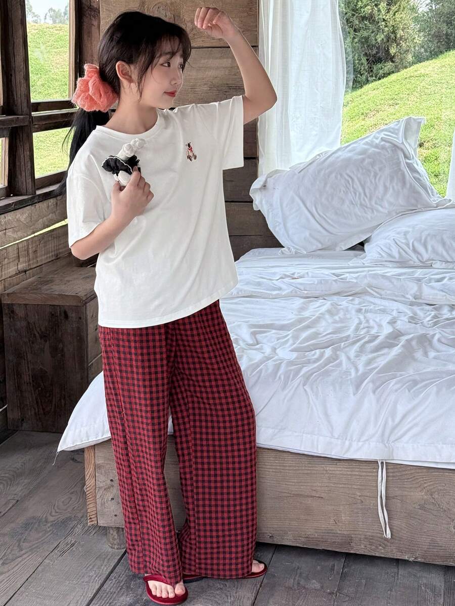 Dazy Kids 2pcs/Set Tween Girls Round Neck Knit Bear Embroidered Short Sleeve Top + Woven Plaid Pants Casual Outfit, Spring/Summer,Back To School Clothes