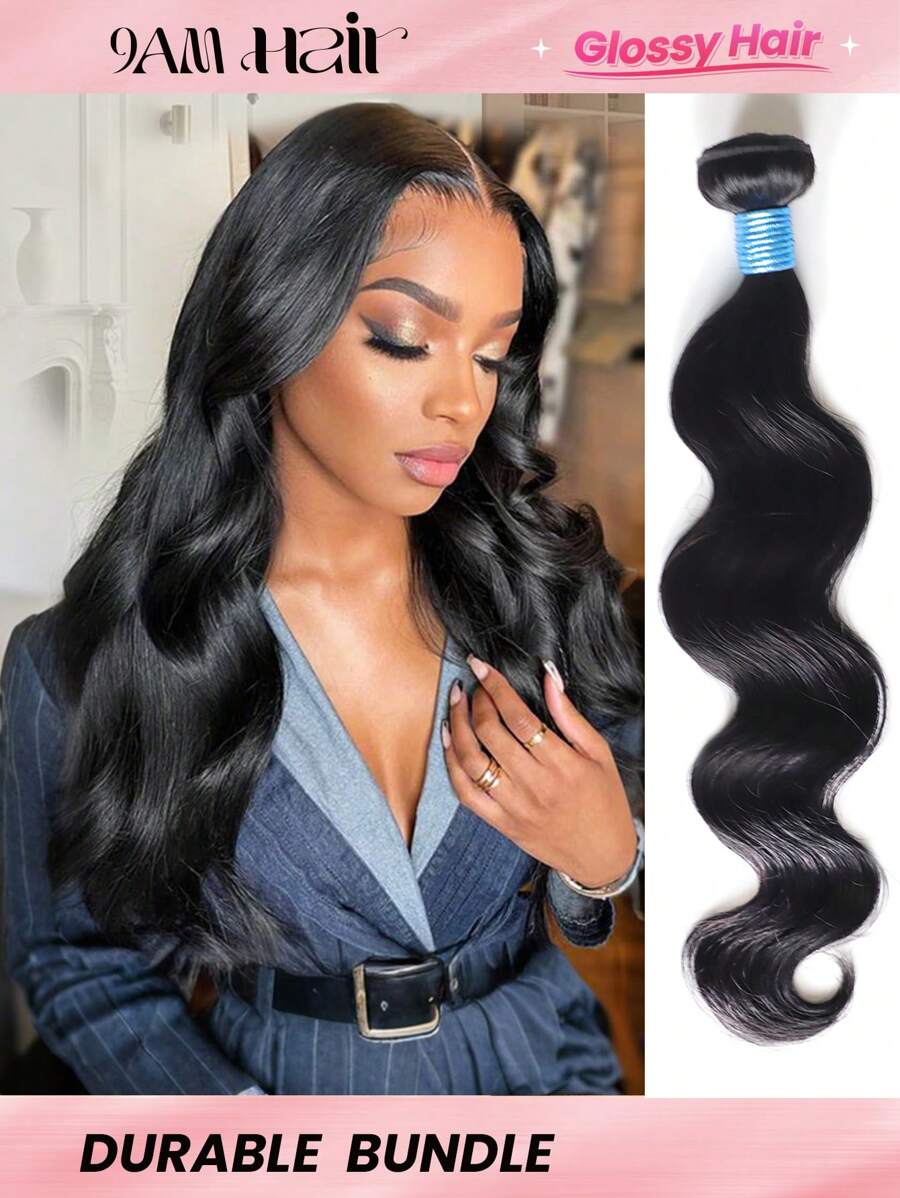 Glossy Hair 1Pc Body Wave Human Hair Bundles Unprocessed Human Hair Curly Human Hair Weave Double Weft Hair Extension Natural Black Color For Women
