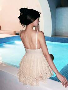 DAZY 2025 New Women Solid Color Lace Spaghetti Strap Bowknot Double Ruffle High End Vacation One-Piece Swimsuit - Apricot - View 2