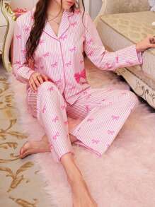 SweetSlumber 条纹蝴蝶结装饰女士粉色睡衣套装，简约时尚，适合夏季 - 彩色 - 查看 1