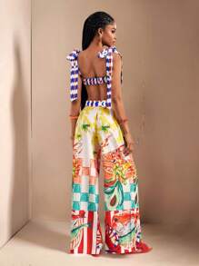 Zivah 海滩新款春夏休闲度假蝴蝶结肩带胸前裹心领短款上衣+阔腿超长裤充满海底世界色彩印花女两件套-B - 彩色 - 查看 3