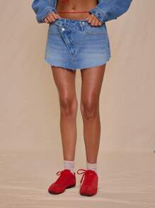 MUSERA Wrapover Front Asymmetric Denim Mini Skirt Only Spring Summer Vacation Cute Elegant Sweet Escape - Blue - View 2