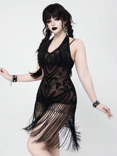 Goth Women's Bohemian Fringe Decor Dress, Casual, Dark-Tone, For Spring, Vacation, Beach Party, Holiday, Halloween