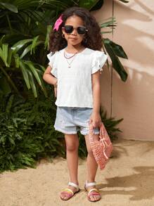 SHEIN LMoss Kids Young Girl Woven Solid Round Neck Ruffle Trim Fitted Casual Blouse