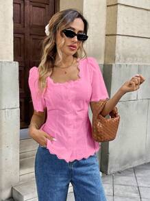 Pariaura 女士法式优雅蕾丝拼布棉质短袖衬衫 - 玫紅色 - 查看 7