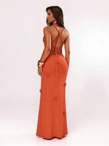 SHEIN BAE 女士纯色立体花卉休闲细肩带无袖毛衣连衣裙 - 橘色 - 查看 2