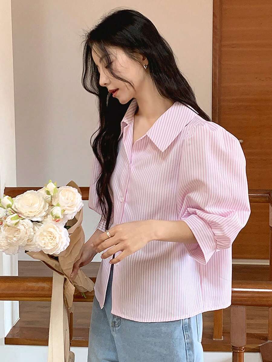 DAZY 女士条纹喇叭半袖宽松有领衬衫，春夏秋季 - 淺粉色 - 查看 1