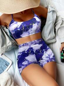 Swim Lushoire 2 件套春夏随机全身印花紫色图案细肩带上衣和短裤，女士休闲假日海滩派对泳装和沙滩装套装 - 紫羅蘭色 - 查看 1