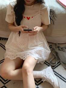 DAZY Women's Casual Round Neck Cute Heart Style Short Sleeve T-Shirt, Korean Style - Apricot - View 1
