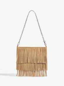 SHEIN ICON Bolso de hombro para mujer, bolso hobo, de moda, personalizado, simple, versátil, de estilo callejero, dulce y cool, para chicas, para chicas calientes, estilo Y2K, retro, con flecos, vintage, con correa de hombro con cadena, estilo occidental, para adolescentes, para festival de música, bolso de estilo bohemio para mujer, perfecto para ocasiones de rodeo - Marrón - Ver 3