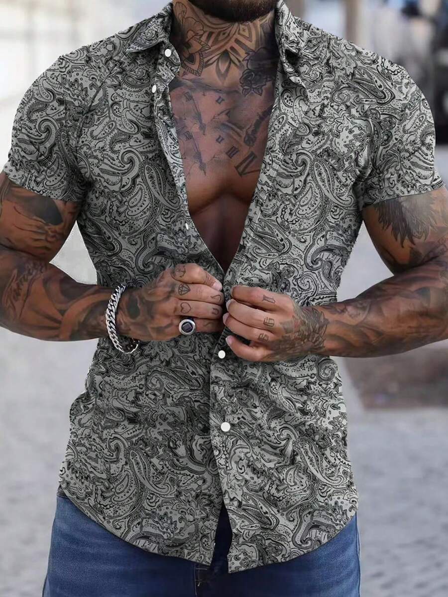 Manfinity Homme 夏季男士休闲佩斯利印花短袖衬衫