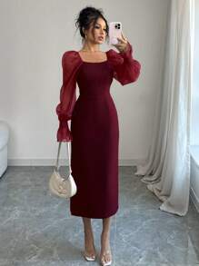 Elenzga Vestido de mujer con mangas transparentes, con parches y bajo con abertura - Burdeos - Ver 4