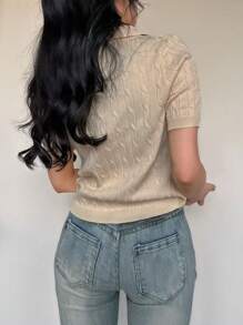 Flirla 女式夏季纯色 Polo 领短袖钩针针织上衣 - 杏色 - 查看 2