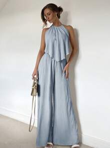 SHEIN Essnce 2 件套 褶皱挂脖开衩设计长裤，春夏 - 霧霾藍 - 查看 1