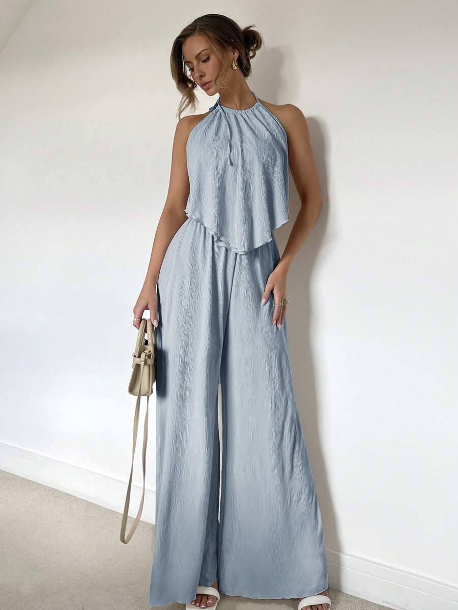 SHEIN Essnce 2 件套 褶皱挂脖开衩设计长裤，春夏 - 霧霾藍 - 查看 1