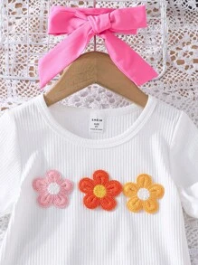 2pcs/Set Girls Young Girl Colorful Floral Print Round Neck Short Sleeve T-Shirt And Shorts Set, Spring/Summer - Hot Pink - View 3