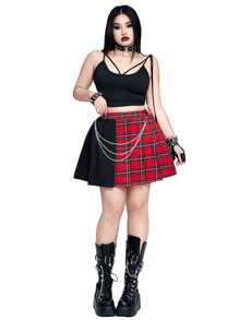 Whyspr Casual Punk Rave Plus Size Women Chain Decor Red Plaid Patchwork Solid Black Punk Mini Skirt - Multicolor - View 3