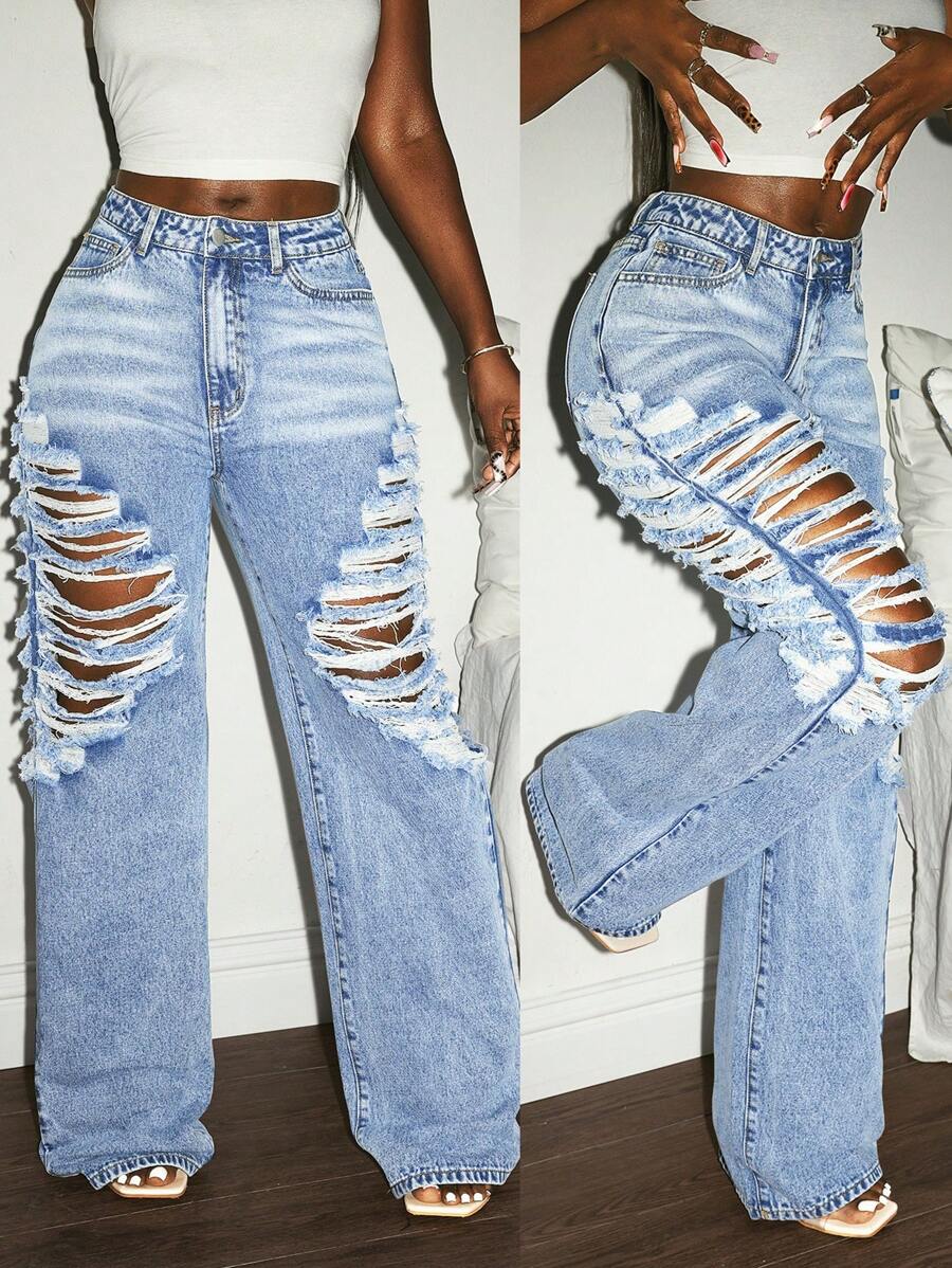 Slaydiva 女式口袋休闲破洞高腰直筒牛仔裤 - 淺色水洗藍 - 查看 1