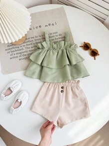 Babygirl Cute Ruffled Strap Tank Top And Shorts Set, Summer Vacation - Multicolor - View 3